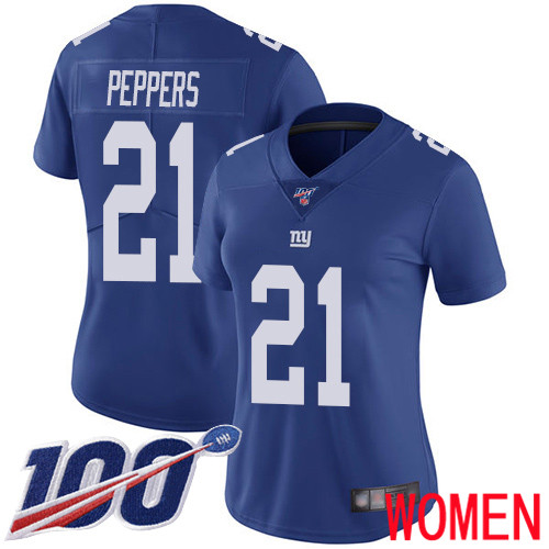 Women New York Giants #21 Jabrill Peppers Royal Blue Team Color Vapor Untouchable Limited Player 100th Season Football NFL Jersey